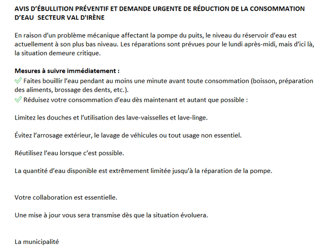 AVIS D'ÉBULLITION PRÉVENTIF ET DEMANDE URGENTE DE RÉDUCTION DE LA CONSOMMATION D'EAU