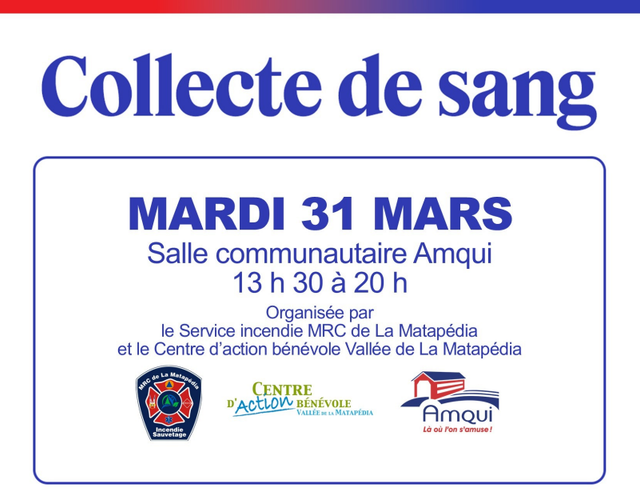 Collecte de Sang Hema Quebec 31 mars Amqui