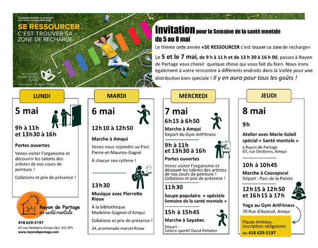 Horaire de la semaine de la santé mentale